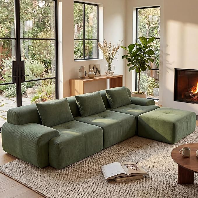 GRUSIGN 108'' Modular Sectional Boneless Sofa, Tufted Sectional Couches for Living Room,Oversized L Shape Deep Seat Sofa with Ottoman & 3 Throw Pillows,Corduroy Cloud Couch,Green