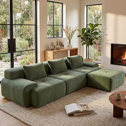 GRUSIGN 108'' Modular Sectional Boneless Sofa, Tufted Sectional Couches for Living Room,Oversized L Shape Deep Seat Sofa with Ottoman & 3 Throw Pillows,Corduroy Cloud Couch,Green