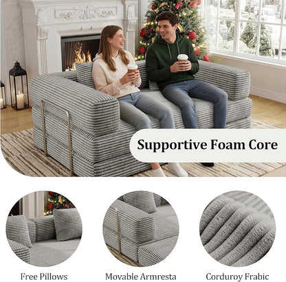 BSHOMGI 4 in 1 Convertible Sofas Boneless Couches with 2 Pillow, Modern Corduroy Futon Bed, Modular Queen Sofa with Pull-Out Bed, LoveSeat for Living Room, Small Space Apartment 59" 2 Seat