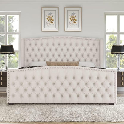 AMERLIFE California King Size Platform Bed Frame, Velvet Upholstered Bed with Deep Button Tufted & Nailhead Trim Wingback Headboard/No Box Spring Needed, Cream