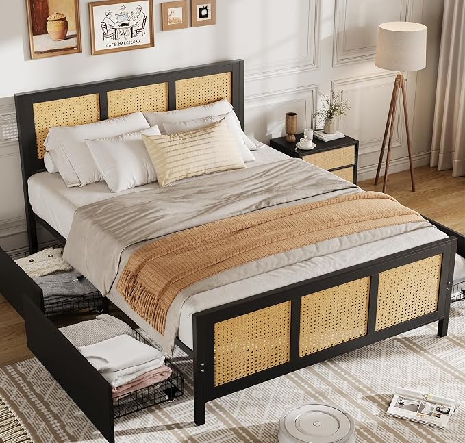 IDEALHOUSE Rattan Bed Frame with Storage Drawers, Boho King Size Led Bed Frame with Strong Metal Slats Support, No Box Spring Needed, Noise-Free Design, Black