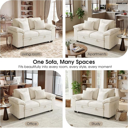 WorthFurni 61” Pull Out Couch, 2 in 1 Sleeper Sofa Bed with Throw Pillow, Convertible Small Loveseat Sleeper Couch for Living Room, Bedroom, Apartment (Beige)