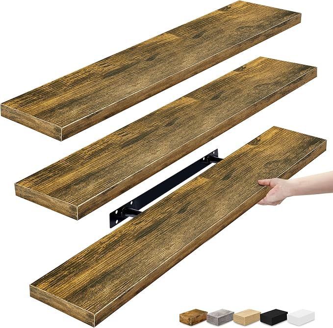 Sorbus Floating Shelves for Wall - 35 Inch Long Bathroom Shelves, Wall Decor for Bedroom, Kitchen, Living Room & Book Storage - Mounted Floating Shelf with Invisible Brackets (Rustic Brown, 3 Pack)