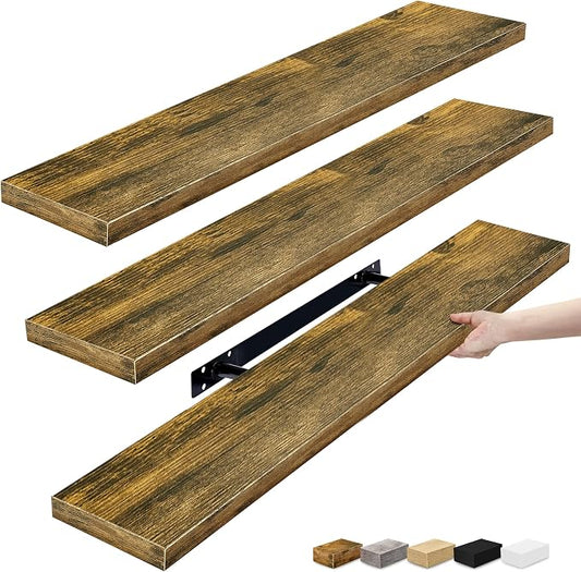 Sorbus Floating Shelves for Wall - 35 Inch Long Bathroom Shelves, Wall Decor for Bedroom, Kitchen, Living Room & Book Storage - Mounted Floating Shelf with Invisible Brackets (Rustic Brown, 3 Pack)
