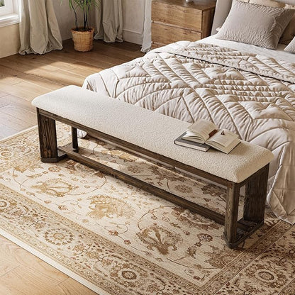 LITTLE TREE 63" Upholstered Bench, Solid Wood Entryway Shoe Bench with Cushion, Long Modern Farmhouse End of Bed Bench with Antique Brown Legs & Faux Lamb Fur Seat for Bedroom, Living Room, Dining