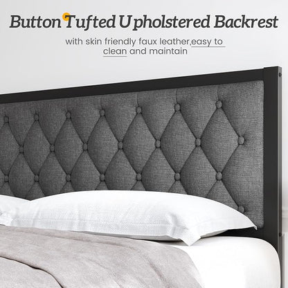 HISOFT King Bed Frame with Upholstered Button Tufted Headboard, Bed Frame Platform Metal Slats Support, Under Bed Storage, No Box Spring Needed, Noise-Free, Easy Assembly, Grey