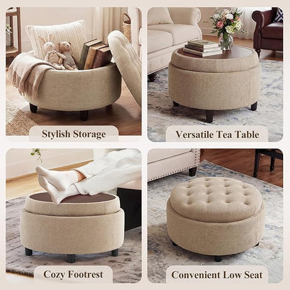 COLAMY Round Hidden Storage Ottoman with Reversible Tray Lid – Multi-Functional Footrest, Sturdy & Stylish Fabric Coffee Table for Living Room, Bedroom, or Entryway, Camel
