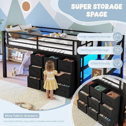 Bellemave Twin Size Low Loft Bed with 9 Fabric Storage Drawers for Kids,Metal Loft Bed Frame with Stairs and LED Lights for Boys Girls,Kids Loft Bed Twin Size,Black
