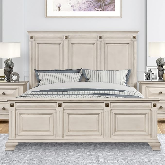 Roundhill Furniture Renova Distressed Parchment Wood Bedroom Set, King Panel Bed, Dresser, Mirror, Two Nightstands