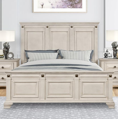 Roundhill Furniture Renova Distressed Parchment Wood Bedroom Set, King Panel Bed, Dresser, Mirror, Two Nightstands