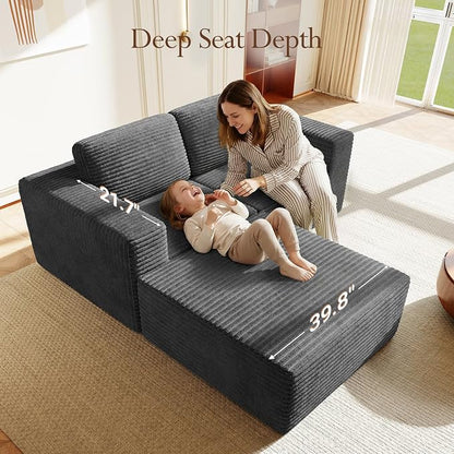 Vesgantti 80" Modular Sectional Sofa, Corduroy Cloud Couch with Deep Seats & Spring Support, Compact 2 Seater Boneless Couch, L-Shaped Modular Sofa for Small Spaces, Apartments, No Assembly, Grey