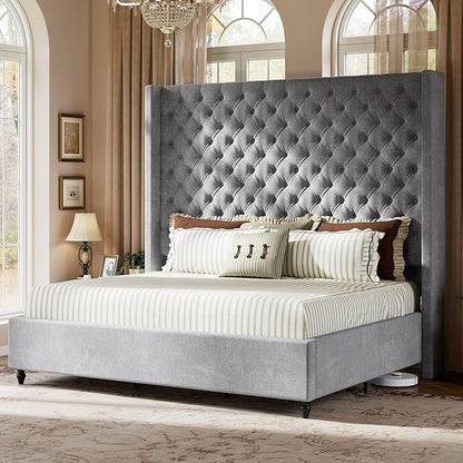 Jocisland Queen Size Bed Frame with 63" Tall Headboard, Upholstered Wingback Platform Design, Handcrafted Pleats & Deep Button Tufted, Solid Wood Legs, No Box Spring Needed, Grey