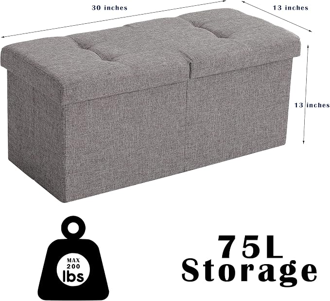 Storage Ottoman Bench Foldable Seat Footrest End of Bed Ottoman with Flipping Lid for Living Room, 75L, 30 inches Linen Fabric Grey