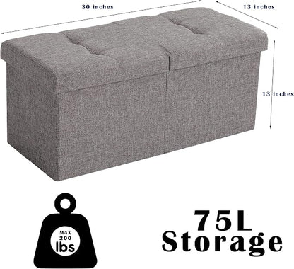 Storage Ottoman Bench Foldable Seat Footrest End of Bed Ottoman with Flipping Lid for Living Room, 75L, 30 inches Linen Fabric Grey