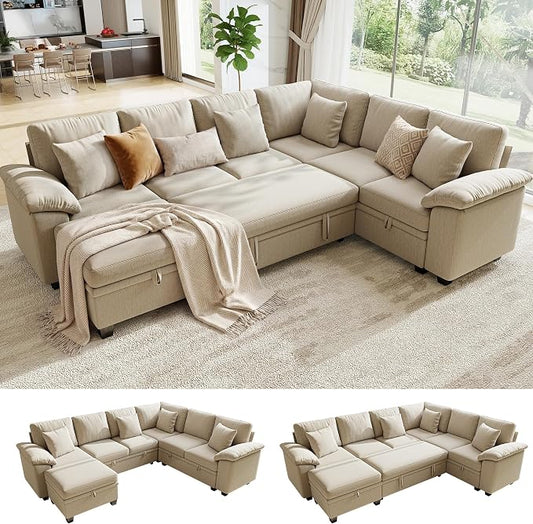 107.8" Modular Sectional Sleeper Sofa with Pull Out Bed, U Shaped 7 Seat Couch with 221L Storage, Convertible Cloud Couch Bed with Ottoman, Sectional Couches for Living Room, Apartment (Sand)