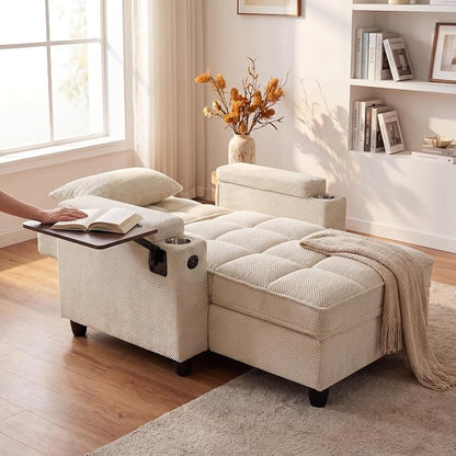Convertible Sleeper Chair, Pull Out Sofa Bed with Adjustable Backrest & Hidden Storage Armrest, Single Sofa Recliner with USB Charging Port & Cup Holders for Living Room, Bedroom, Beige