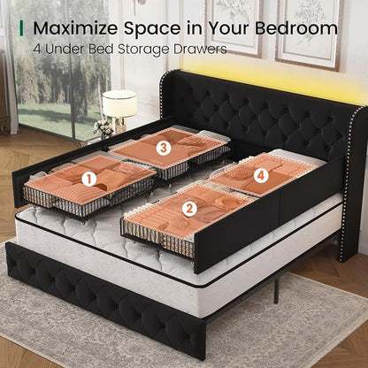 LARMACE King Size Bed Frame with LED Lights and 4 Storage Drawers Velvet Upholstered Platform Bed Frame with 47.2" Tall Tufted Headboard Wingback, No Box Spring Needed, Easy to Assemble, Black