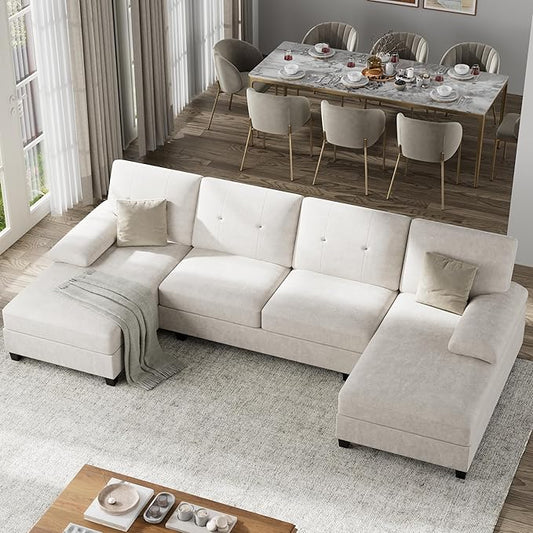 Shintenchi U-Shaped Sectional Couches for Living Room, 4 Seat Sofa with Double Chaise Lounges,Solid Wood Frame Sectional Sofa for Apartment,White