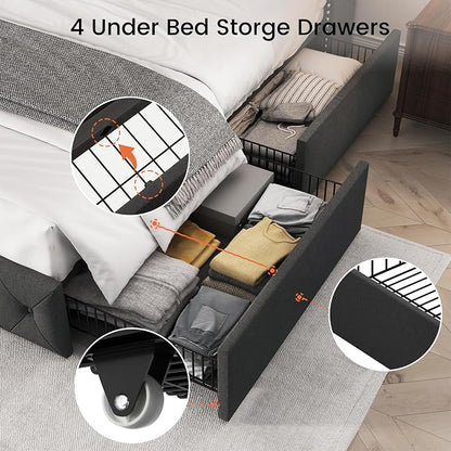 LARMACE Upholstered Queen Size Bed Frame with 4 Storage Drawers and 47.2" Tall Wingback Headboard Tufted Platform Bed Frame Linen Beds with Wooden Slats Support, Easy Assembly, Dark Grey