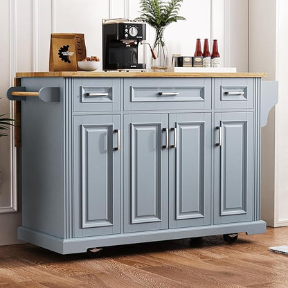 Large Kitchen Island with Rubber Wood Drop Leaf, Rolling Kitchen Cart with Ample Storage on Wheels with Doors and Drawers, Embossed Texture for Dining Room (54Inch, Grey, Silver Handle)