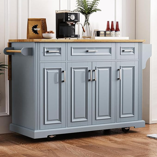 Large Kitchen Island with Rubber Wood Drop Leaf, Rolling Kitchen Cart with Ample Storage on Wheels with Doors and Drawers, Embossed Texture for Dining Room (54Inch, Grey, Silver Handle)
