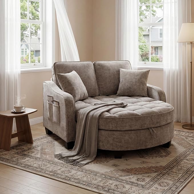 ERYE Chenille Tufted Loveseat Sofa and Ottoman Set, Tufted Recliner Sleeper Chaise Lounge with Curved Storage Ottoman,Reclining Backrest and Side Pockets, 4 Pillows