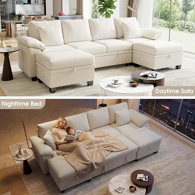 107.8" Modular Sectional Sleeper Sofa Bed, U Shaped 6 Seat Pull Out Couch with Storage Ottoman, Convertible Cloud Couch Bed, Sectional Couches for Living Room, Apartment (Beige)