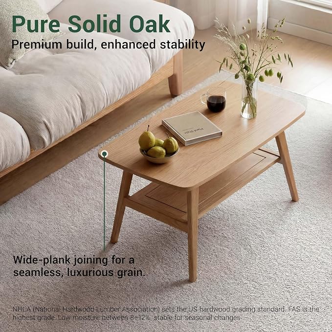 Small Coffee Table for Living Room, 2-Tier Mid Century Modern Small Tables with Shelf Storage, Storage Coffee Table with Rounded Corners (Solid Oak Wood Log Color, 31.5'' L)