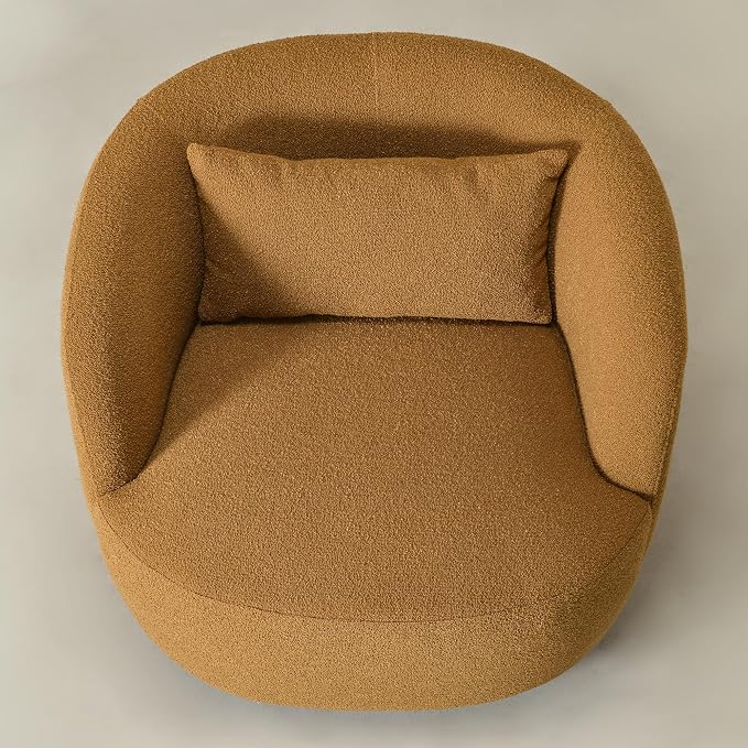 KINWELL 34" Wide Boucle Swivel Barrel Chair, No Assembly Round Upholstered Armchair Accent Chair Single Sofa Chair with Toss Pillow for Living Room and Bedroom, Brown