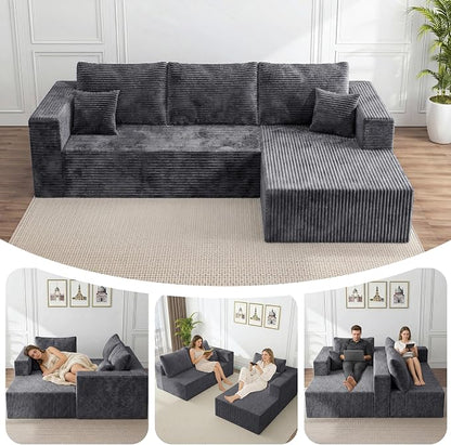 92.5" L-Shaped Sectional Boneless Couches with Chaise, Comfy Modular Corduroy Fluffy Couch with Deep Seat, 3 Seater Cloud Sofa for Apartment Flexible Module Combination for Living Room, No Assembly