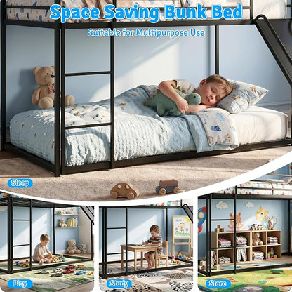 Bunk Bed with Slide, Twin Over Twin Bunk Bed with Ladder and Guardrail, Space Saving & Heavy Duty House Loft Bed for Kids, No Box Spring Needed(Black)