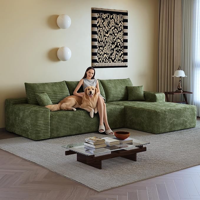 AUGOP 108" Sectional Couches for Living Room Modern Modular Sofa with L-Shape Couchs Upholstered Boneless Couch Deep Seat Sectional Couch with Chaise (Green, 108" Right Facing Chaise+2Seaters)