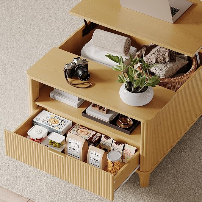 31.5" Square Fluted Lift Top Coffee Table for Living Room, Fluted Lift Top Coffee Tables with Hidden Storage, Modern Center Table,Giratree Stand Up Coffee Table for Home Living Room Office