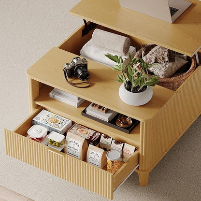 31.5" Square Fluted Lift Top Coffee Table for Living Room, Fluted Lift Top Coffee Tables with Hidden Storage, Modern Center Table,Giratree Stand Up Coffee Table for Home Living Room Office