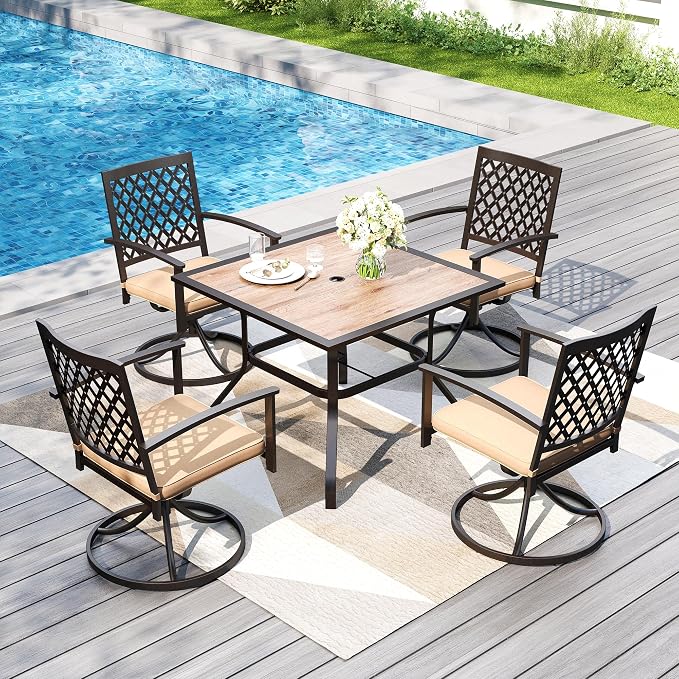 PHI VILLA 5 Pieces Outdoor Dining Set for 4, 37” Square Metal Steel Table with Polywood Tabletop & Swivel Wrought Iron Chairs with Cushions, Outside Furniture Set for Patio, Deck, Yard, Porch