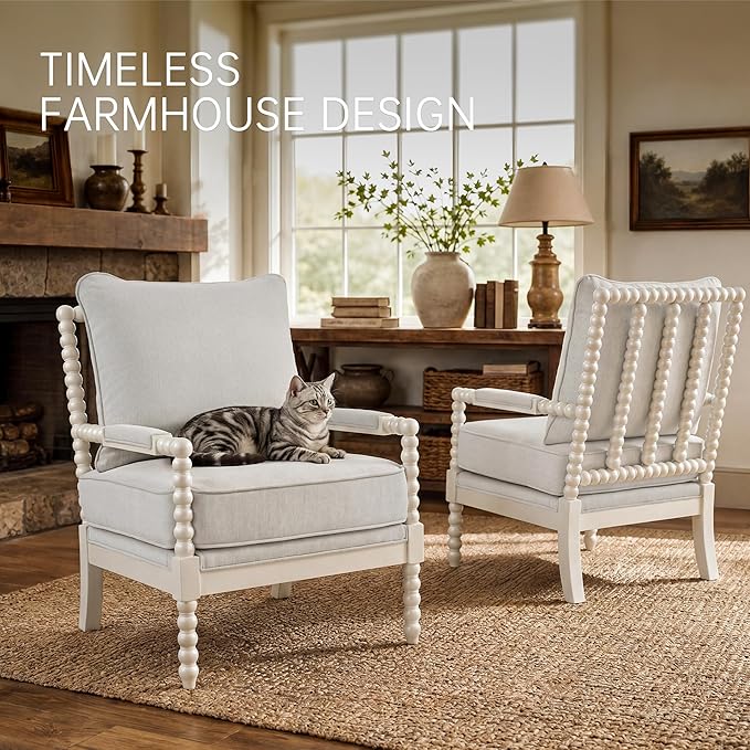 Morden Fort Linen Fabric Spindle Accent Chair with Wood Frame, French Style Accent Chairs with Padded Spring Seat and Armrest Pads, Brushed Base for Living Room Bedroom Farmhouse Office Balcony