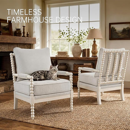 Morden Fort Linen Fabric Spindle Accent Chair with Wood Frame, French Style Accent Chairs with Padded Spring Seat and Armrest Pads, Brushed Base for Living Room Bedroom Farmhouse Office Balcony