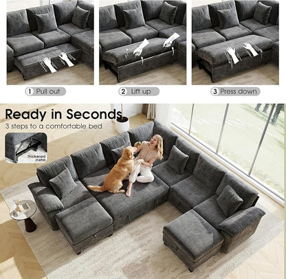 107.8" Oversized Modular Sectional Sofa with Pull Out Bed, 9 Seat U Shaped Sectional Sleeper Sofa with 291L Storage, Convertible Cloud Couch Bed, Sectional Couches for Living Room, Apartment (Gray)