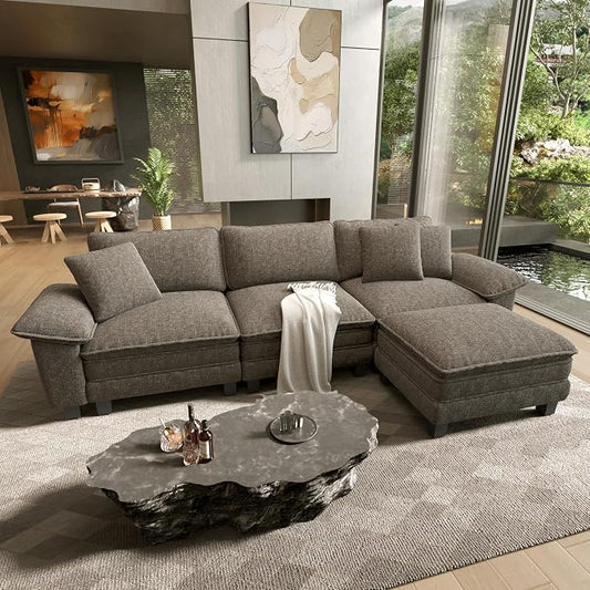 HERA'S HOUSE 124" Modular Sectional Sofa, Oversized L Shaped Couches for Living Room, Comfy Cloud Couch with Ottoman, 4-Seater Deep Seat Sofa with Throw Pillow, Chenille Ash