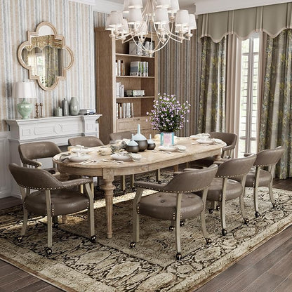LEEMTORIG Set of 4 Dining Chairs with Casters and Arms, Rolling Dining Chairs with Wheels for Elderly, Ergonomic Wide Seat Wooden Office Desk Chairs, 26"D x 25.2"W, Grey Legs & Dark Brown SY-1318-DK