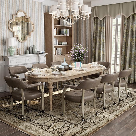 LEEMTORIG Set of 8 Dining Chairs with Casters and Arms, Rolling Dining Chairs with Wheels for Elderly, Ergonomic Wide Seat Wooden Office Desk Chairs, 26"D x 25.2"W, Grey Legs & Dark Brown SY-1318-DK