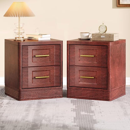 RECHHX Small Dresser for Bedroom, Farmhouse Nightstand with 2 Drawer for Narrow Spaces, Thermoformed Curved End Table for Bedroom, Living Room, Walnut Cherry