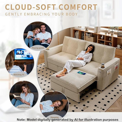 73.2'' Futon Sofa Bed Full Size, Pre-Assembled Pull Out Couch, Adjustable Backrest, Corduroy Convertible Sleeper Sofa, 2 Cup Holders, Pockets, USB, Loveseat for Living Room, Apartment, Beige | Soft Material
