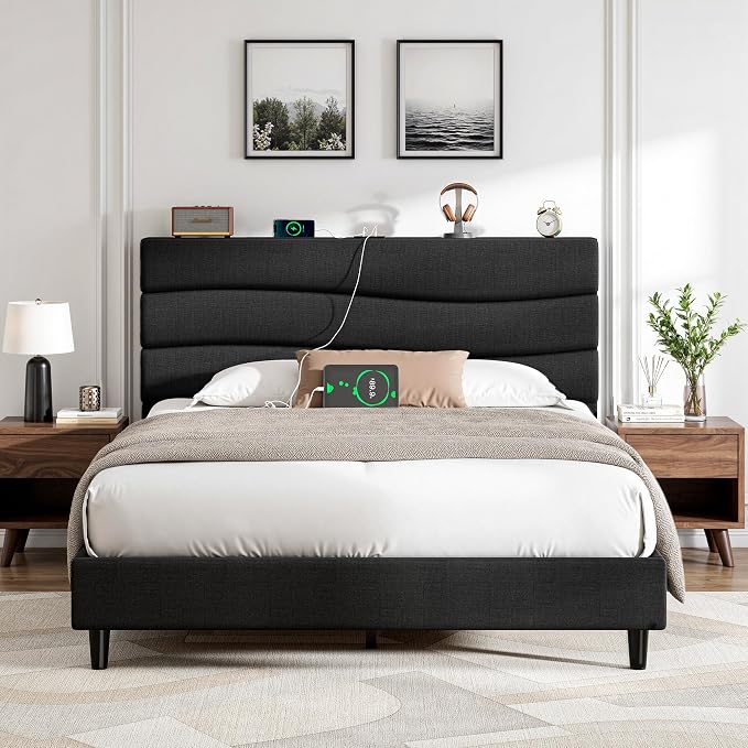 EnHomee Full Size Bed Frame with Adjustable Height Upholstered Headboard, 3 USB Charging Ports, Noise-Free Platform Bed, No Box Spring Needed,Black
