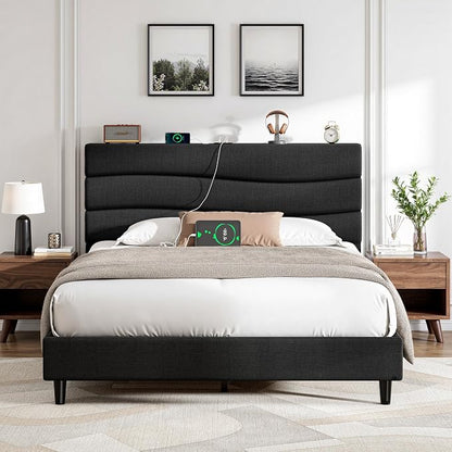 EnHomee Full Size Bed Frame with Adjustable Height Upholstered Headboard, 3 USB Charging Ports, Noise-Free Platform Bed, No Box Spring Needed,Black
