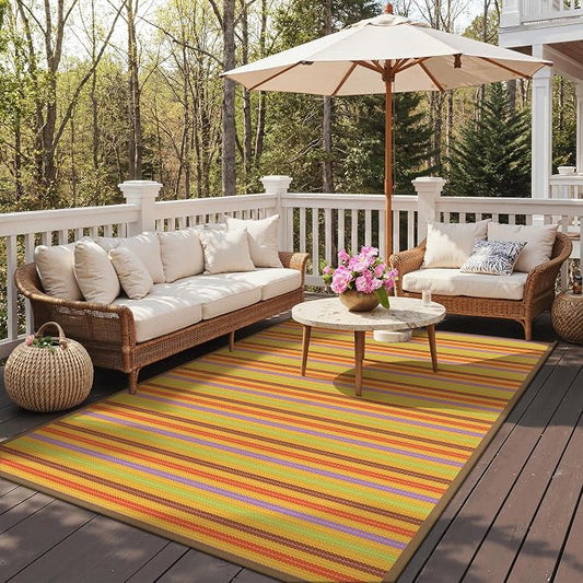 GENIMO Outdoor Rug for Patio Clearance, 9'x12' Reversible Plastic Straw Rugs, Lightweight Waterproof RV Camping Mat for Camper, Balcony, Deck, Backyard, Picnic, Rainbow