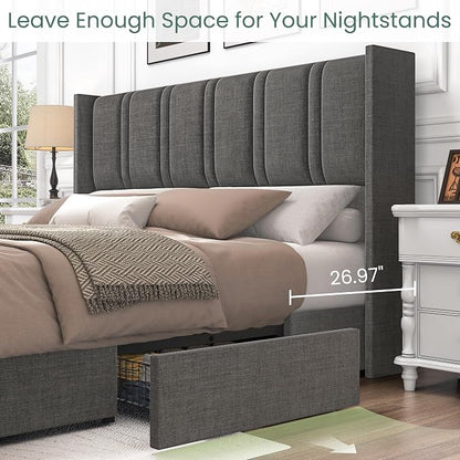 LARMACE King Size Bed Frame with Storage Drawers and Wingback Headboard, Linen Upholstered Platform Bed Frame with Wooden Slats, Easy Assembly, Light Grey