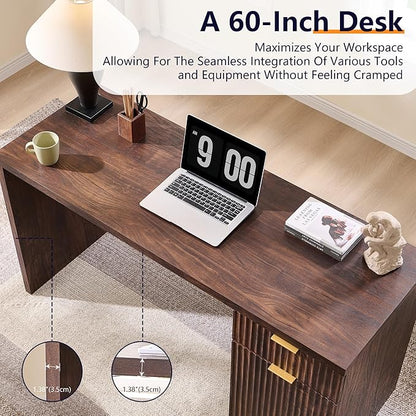 60" Modern Home Office Desk, Reversible Left‑Right Cabinet, Built‑in Outlet | Reversible design lets you fix the cabinet on left‑hand or right‑hand side to fit your room layout