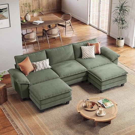 LINSY HOME 123'' Modular Sectional Sofa 3 Seat Couch Corduroy Cloud Couch with Deep Seat, Modern Cloud Couch with 2 Movable Ottoman for Living Room, Office, Bedroom, Green