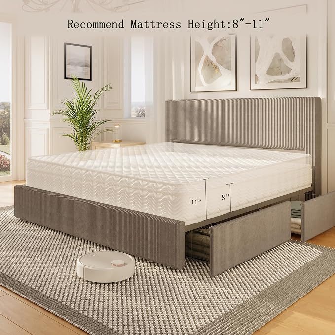 Garvee Corduroy Bed Frame with Headboard, Platform Upholstered King Size Bed Frame with 4 Storage Drawers and Wooden Slats Support, No Box Spring Needed, Brown